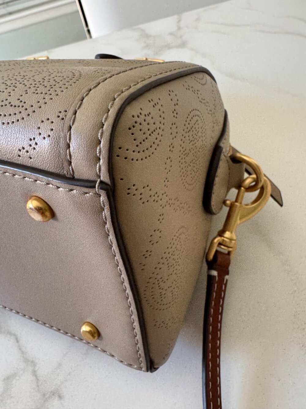 Tory Burch Perforated T-Monogram Mini Barrel Bag in Taupe / Cognac - Picture 4 of 9